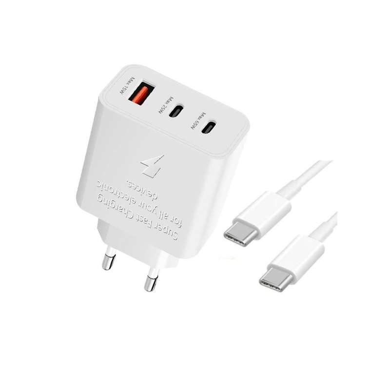 65W Super Fast Power Adapter Charger Black & White With C to C Cable