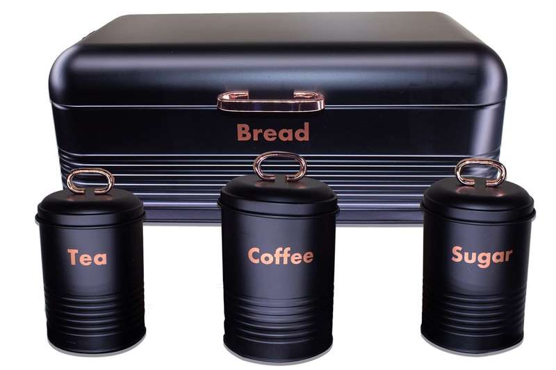 Retro Design Two Loaf Bread Bin with 3 Piece Matching Canister Set - Black (PLEASE READ DESCRIPTION)