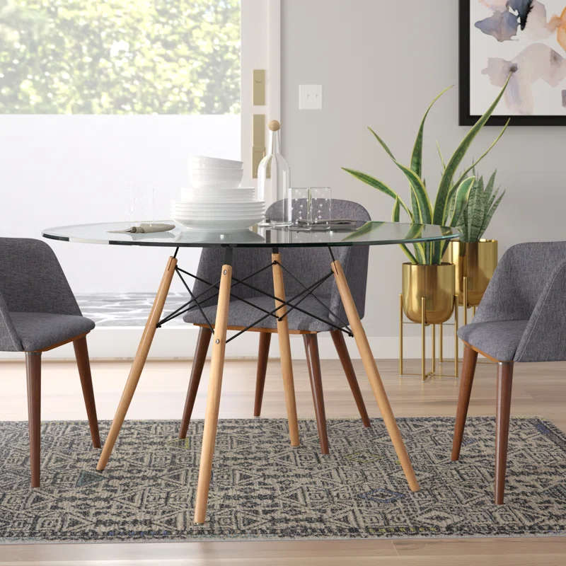 Round Glass Dining Table With Elegant Wooden Legs