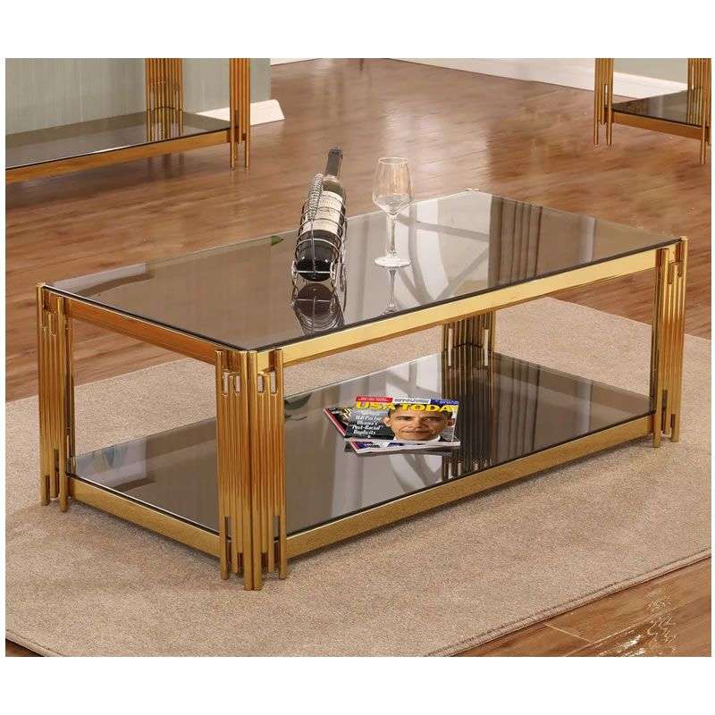 Gold Glass Top Coffee Table with Pipe Design Tubular Base