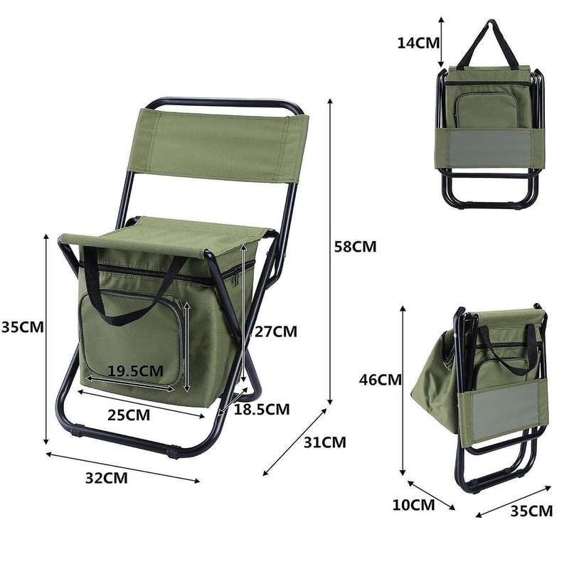 Foldable Fishing Chair & Cooler Bag Camping Sport Patio Picnic Outdoor Gift - Army Green