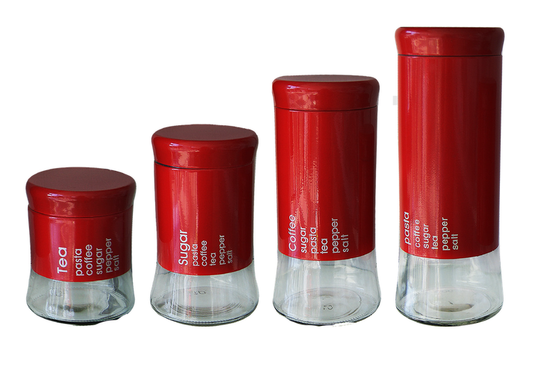 4 Piece Decadent Glass Jar Canister Set - Coffee Sugar Tea & Pasta - Red (PLEASE READ DESCRIPTION)