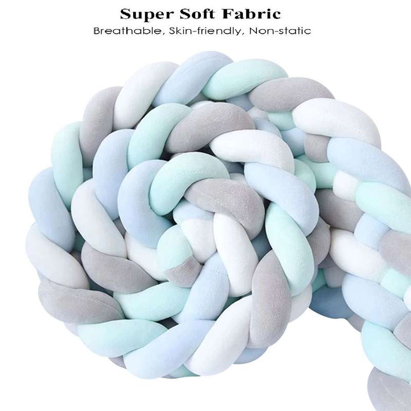 Baby Crib Bumper Knotted Braided Plush  GreyWhiteBlue