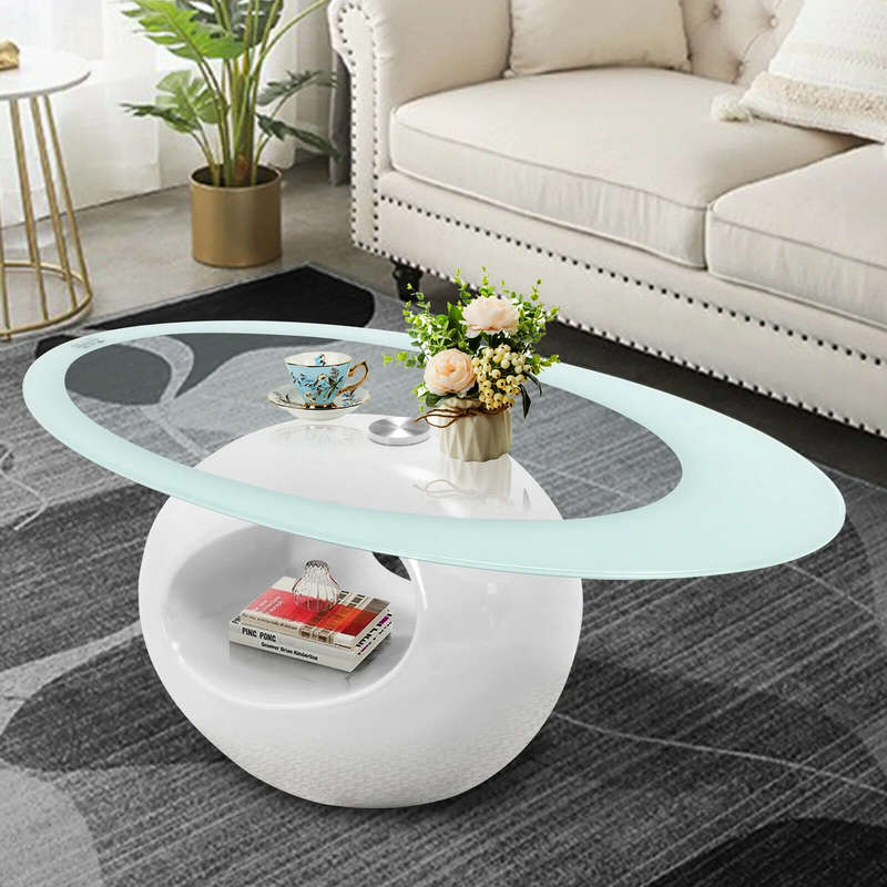 Coffee Tables - Oval Rounded Tempered Glass - White Colour