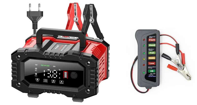 FOXSUR Battery Charger 12V-20A 24V-10A + 12V Battery Tester