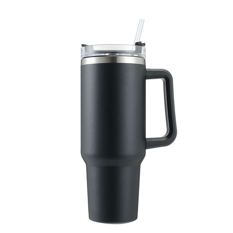 Double Wall Travel Mug Stainless Steel Vacuum Flask with Straw Hot/Cold - Black