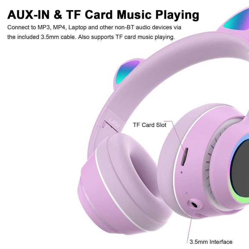 Cell N Tech®Cute Wireless Cat 5.0 Bluetooth LED HeadPhones - Purple