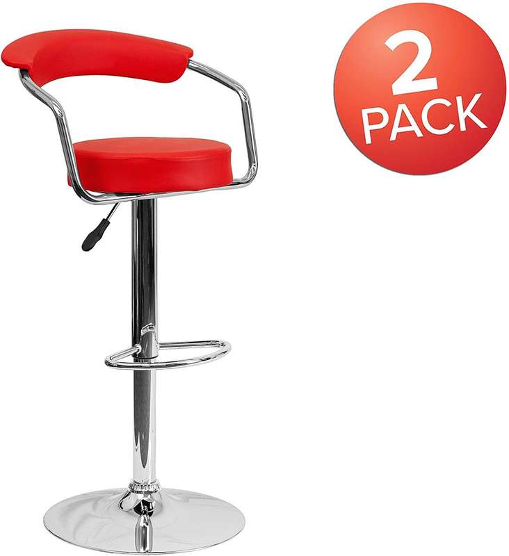 Bar Stools with Arms and Chrome Base - Set of 2 - Red Colour