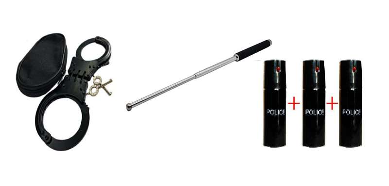 Rigid Metal Handcuffs + Steel Extendable Baton & 60ml Pepper Spray - 3 Pack