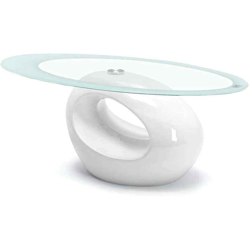 Coffee Tables - Oval Rounded Tempered Glass - White Colour