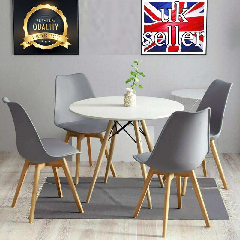 Dining Sets - Round Dining Table with Four Padded Chairs -Grey