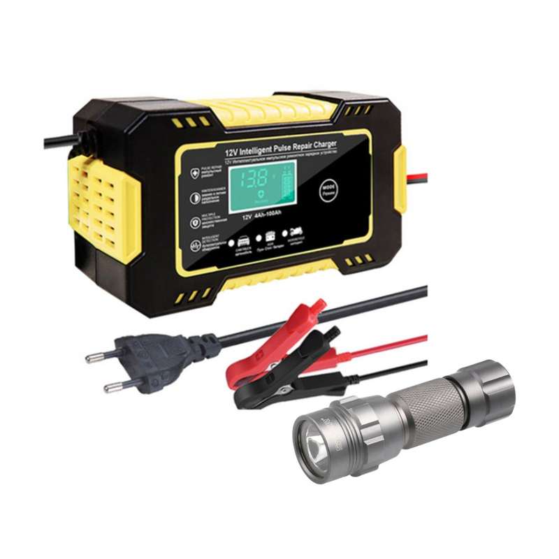 12V Battery Intelligent Pulse Repair Charger and Stier Waterproof Torch