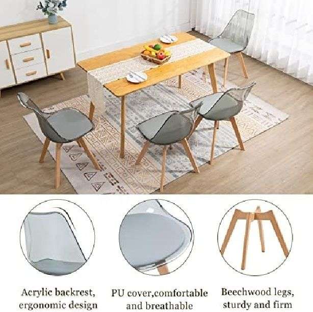Modern transparent padded chairs with wooden legs - Grey 4 Pack