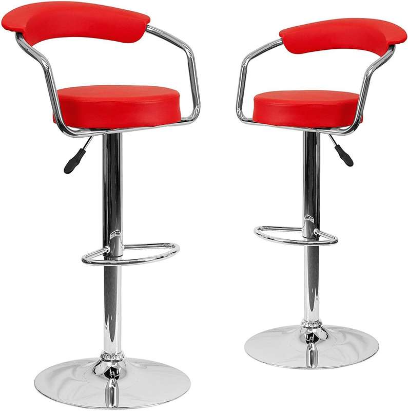 Bar Stools with Arms and Chrome Base - Set of 2 - Red Colour