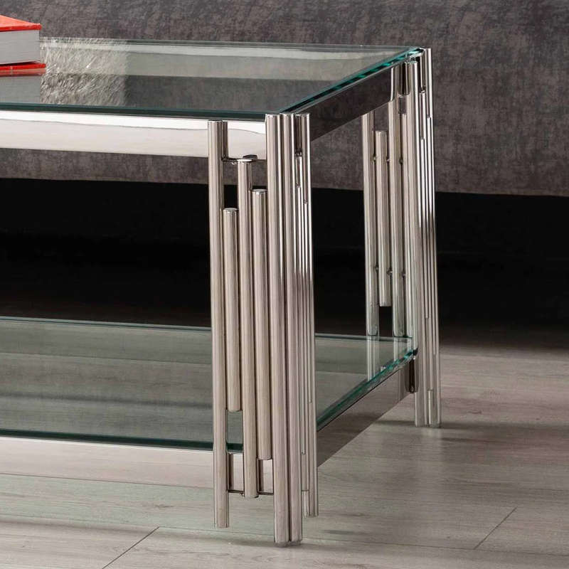 Coffee Tables -RectangularClear Tempered Glass Top with Steel Frame-Silver
