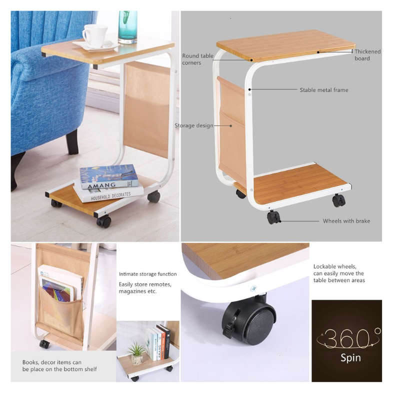 Sofa Side Table with Wheels and Storage Bag
