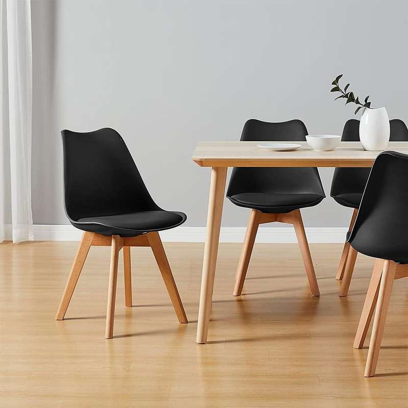 Dining Chairs Set - 4 Pack - Soft Padded Shell Chair with Wood Legs - Black