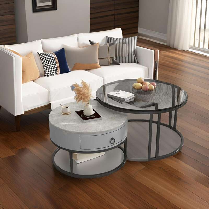 Modern Round Nesting Glass Top Coffee End Table and 1 Drawer Table