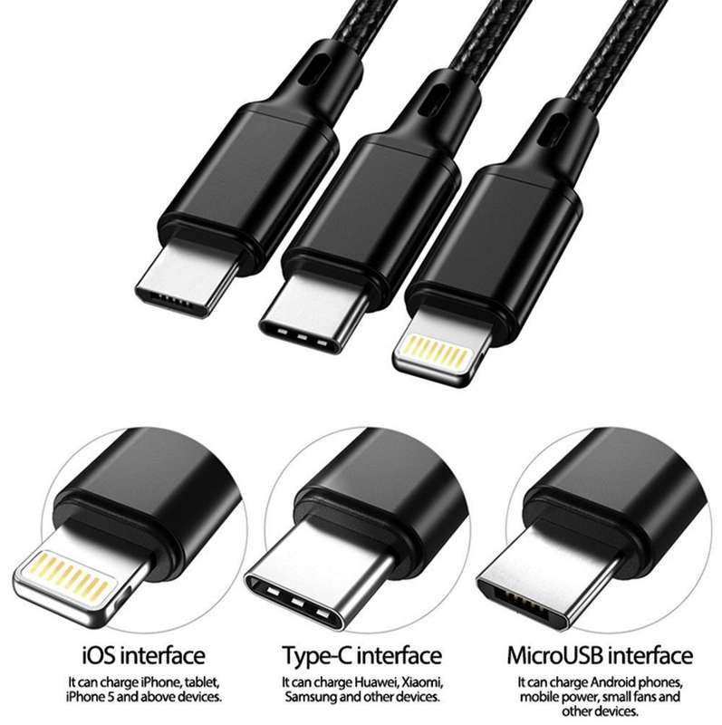 Charger Cable - Nylon Braided 3 in 1 USB A Fast Charging (SILVER)