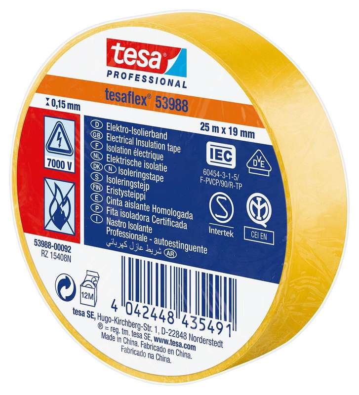 Tesa - Yellow 25M X 19MM Electrical Insulation Tape, PVC, 19mmx25m