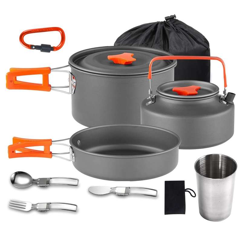 10 Piece Camping Cookware Mess Set Foldable Pot Pan Kettle Aluminum Outdoor