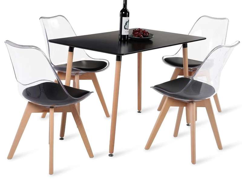 Modern transparent padded chairs with wooden legs-Black, white or grey - Black - 8 Pack