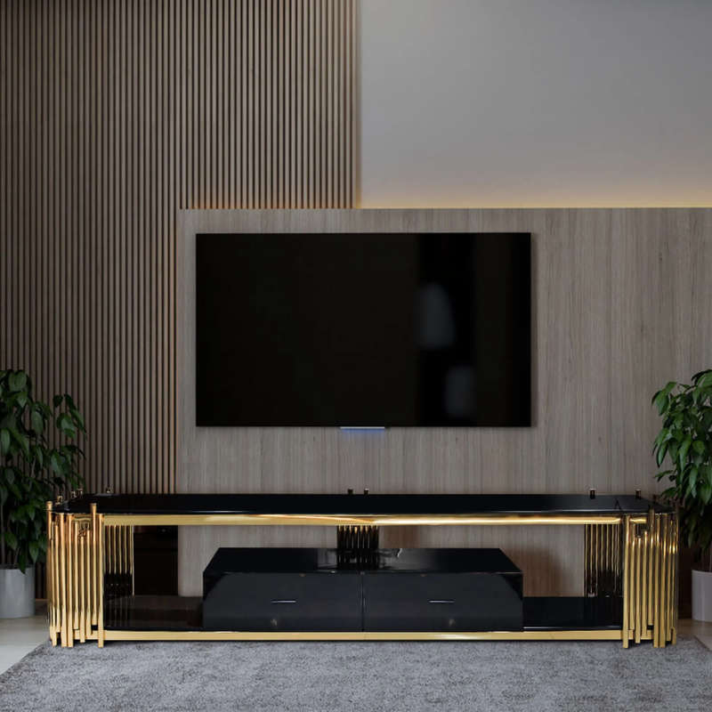 Smart TV/ Plasma Stands - Tempered Glass Top - Wooden Drawers - Gold