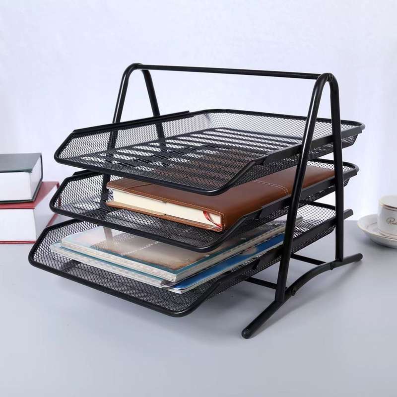 3 Tier Black Metal Mesh Stackable Desktop Document Letter Tray Organizer