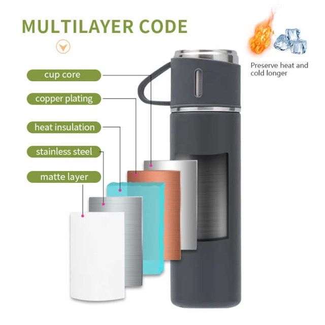 500ml Vacuum Thermos Flask With 3 Cups Set - Grey