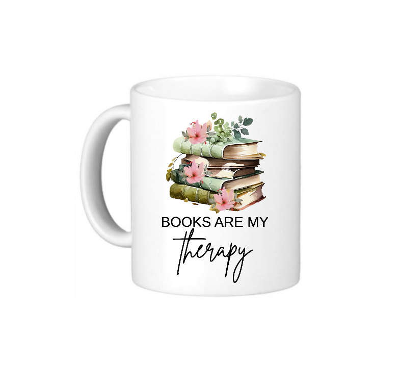 Books Are My Therapy Coffee Mug - Floral and Book Stack Design