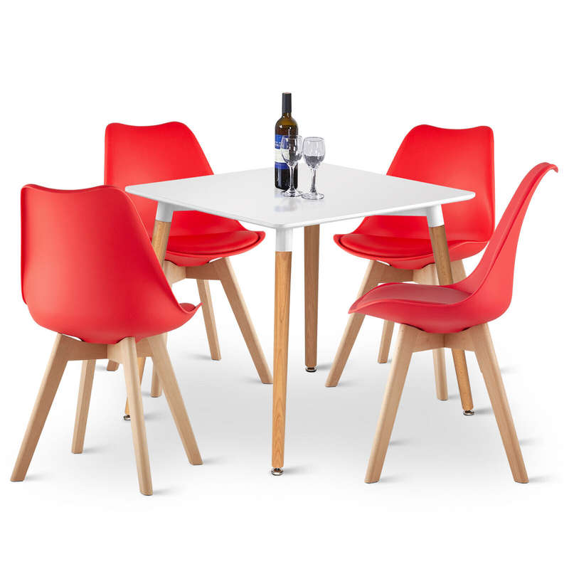 Dining Suites/Sets - Square Dining Table with Four Padded Red Chairs