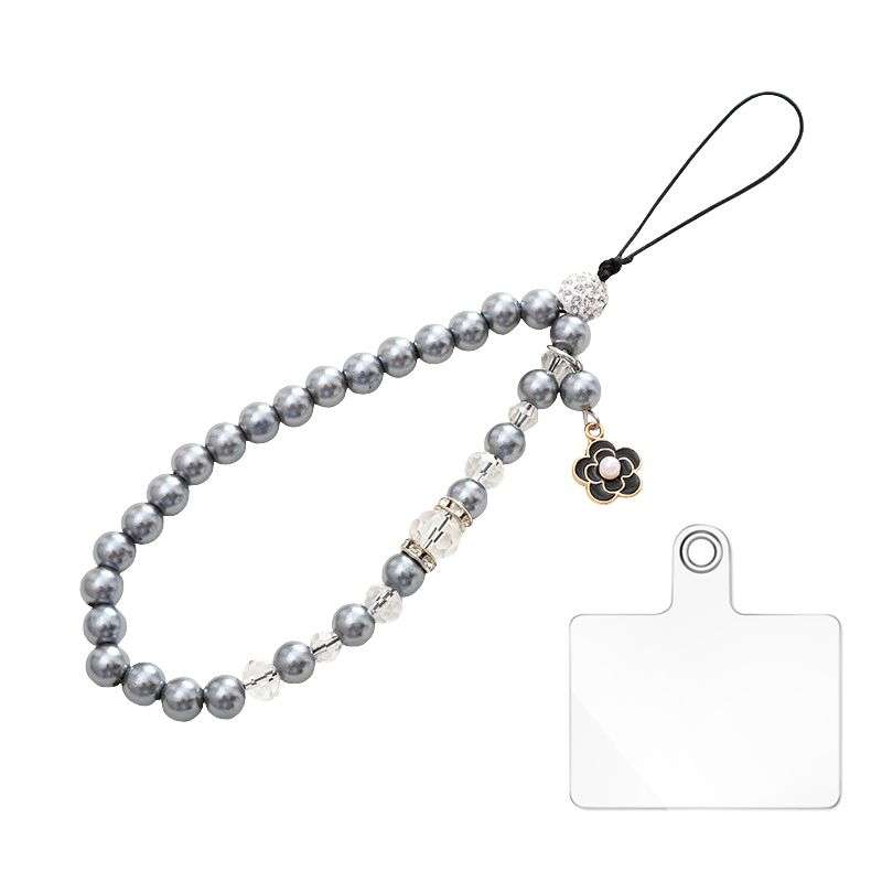 Beaded Crystal Pearls Phone Charm Chain with Patch - Black