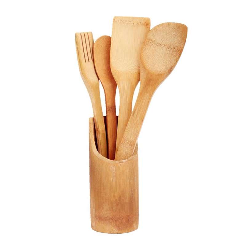 Wooden Utensils Set With Holder - 5 Piece