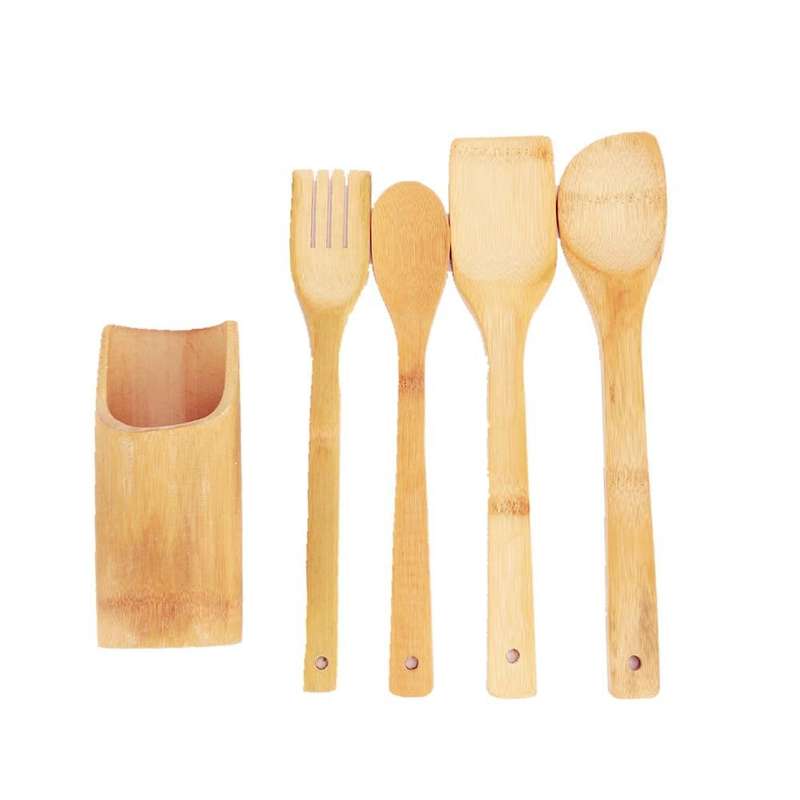 Wooden Utensils Set With Holder - 5 Piece