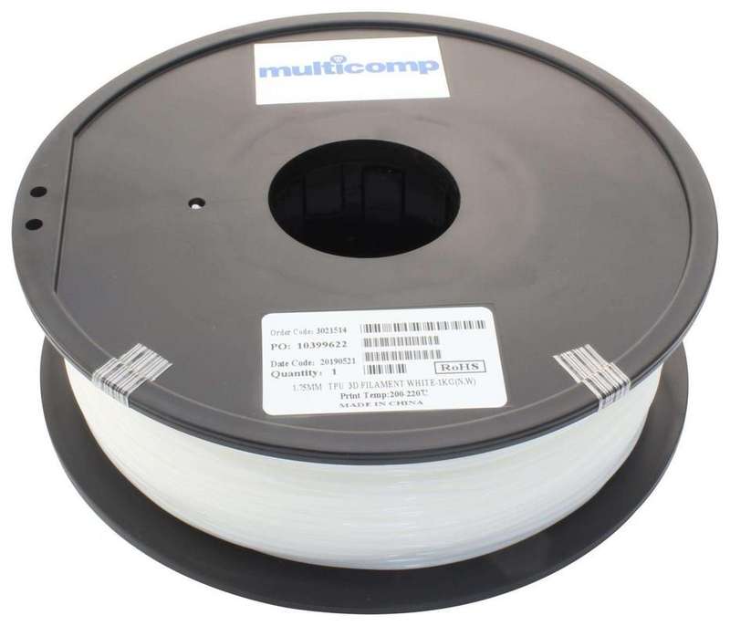 3D Printer Filament, TPU, 1.75 mm, White, 220 °C Melting Temp