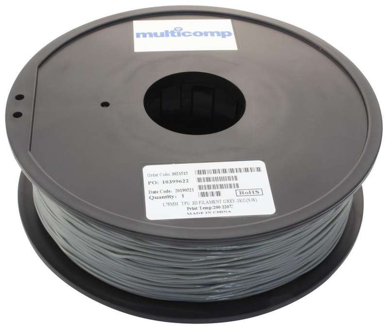 3D Printer Filament, TPU, 1.75 mm, Grey, 220 °C Melting Temp