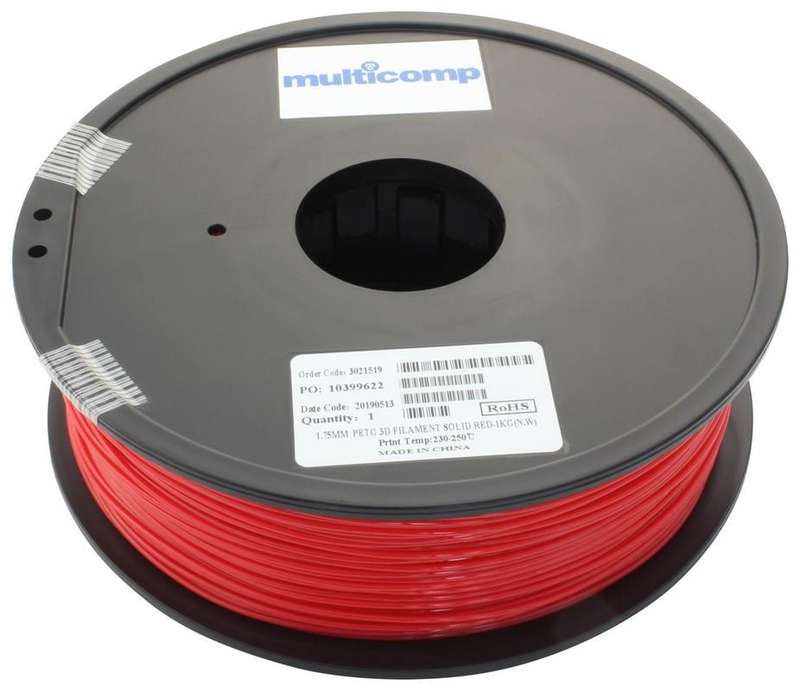 3D Printer Filament, PETG, 1.75 mm, Solid Red, 250 °C Melting Temp