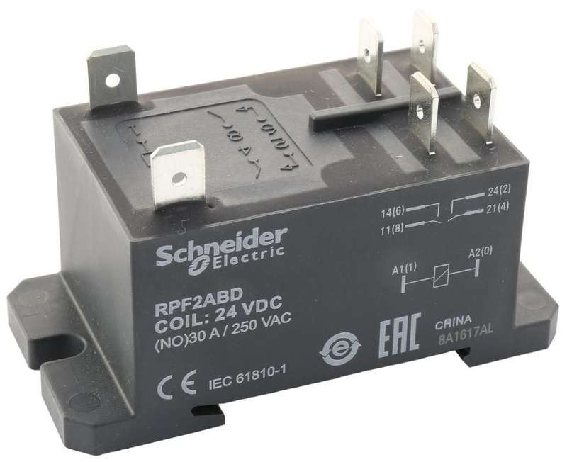 Power Relay, DPST-NO, 24 VDC, 30 A, Zelio RPF Series, DIN Rail