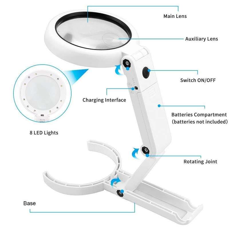 8 LED Dual-Circuit Desktop Handheld Folding Magnifier