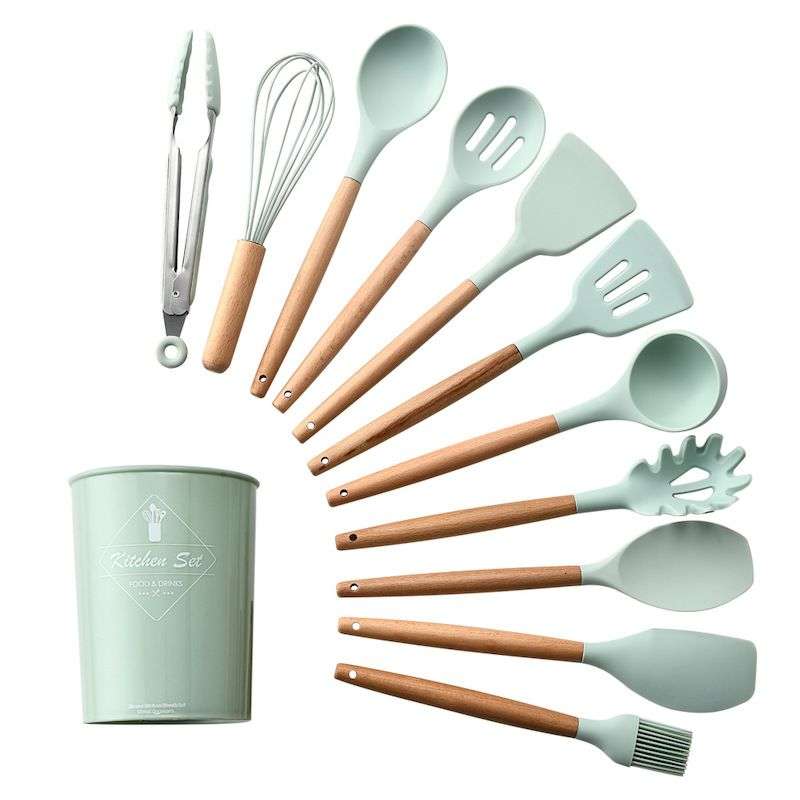 Kitchen Utensils - Set of 12 Non-Stick Silicone Utensils - Includes Holder - Green (display model)