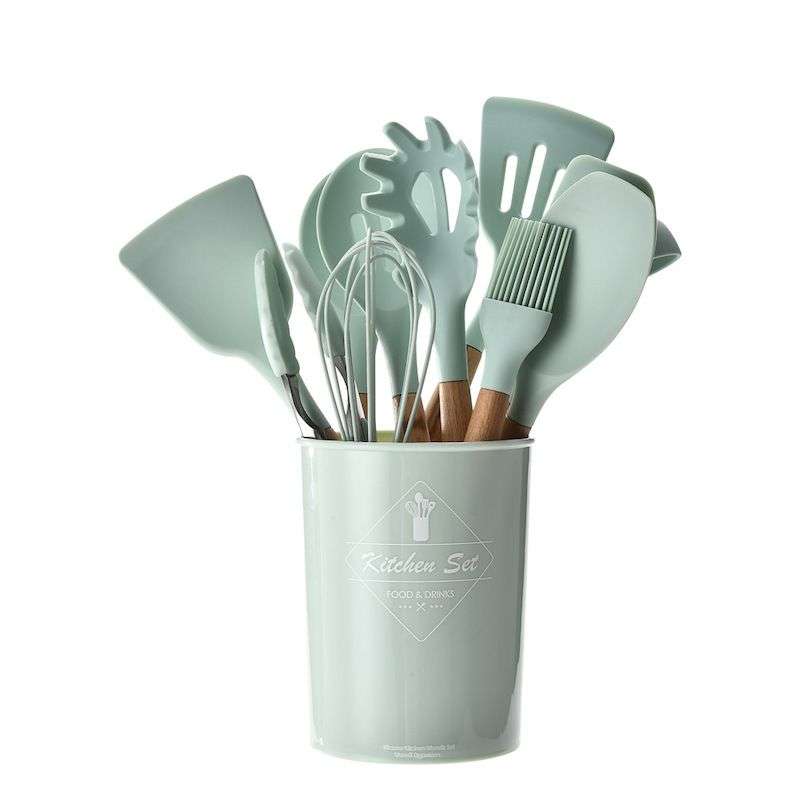 Kitchen Utensils - Set of 12 Non-Stick Silicone Utensils - Includes Holder - Green (display model)