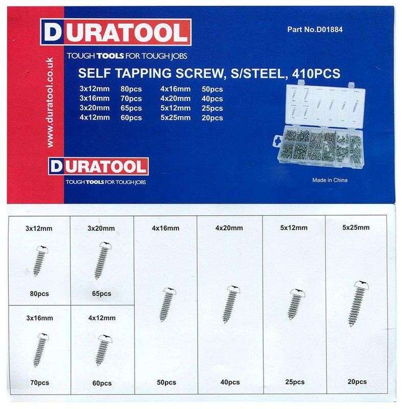 Duratool: Self Tapping Screw Set - Stainless Steel - 8 Sizes - 410 Pcs - D01884