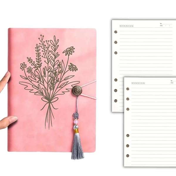 Refillable Notebook Leather 6 Ring Binder Notebook with a Tassel and 120 Thick No Bleed Pages Pre...