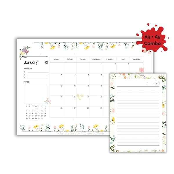 Desk Calendar 2025 Monthly Planner with To Do List and Notes A3 A5 Combo Dated Wire Bound Floral ...
