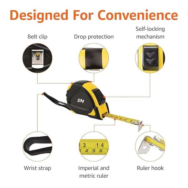 Self Locking Tape Measure 5 Meter 2 Pack Heavy Duty with Metric and Inch Scales for Accurate Meas...