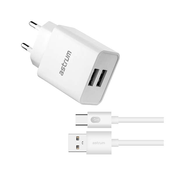 Astrum 5V 2.4A Dual USB Fast Wall Charger + USB-C Cable - Pro Dual U24 - White