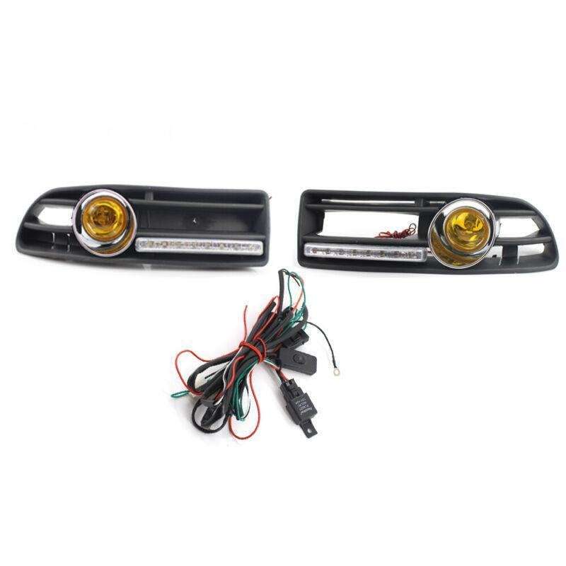 Car GRILLE Halogen FOG LIGHT Fit FOR VW JETTA BORA 99-04 LED DRL Yellow Lens