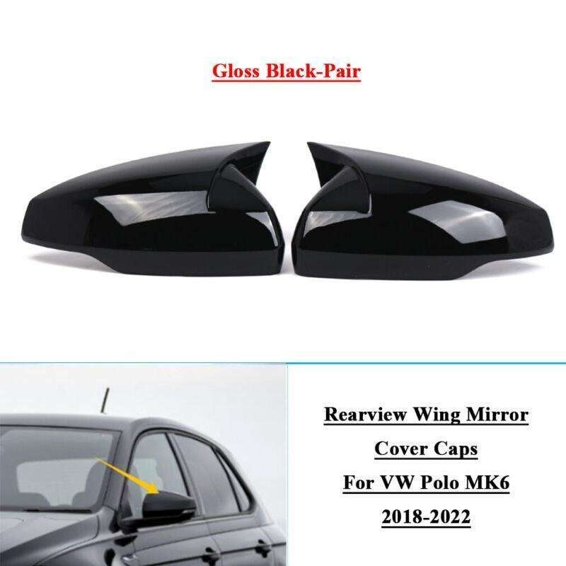2pcs Rear View Wing Mirror Cover Caps For VW Polo MK6 2018-2022 Gloss Black