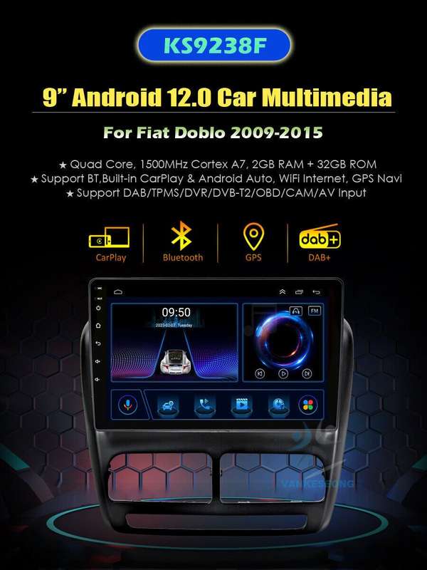 9" Android 12 Car Radio Head Unit DAB+ CarPlay GPS For Fiat Doblo MK2 2009-2015
