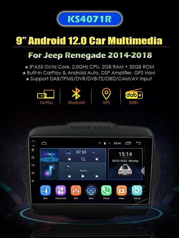 For Jeep Renegade 2014-2018 Apple Carplay Android12 BT Car Stereo Radio GPS WIFI